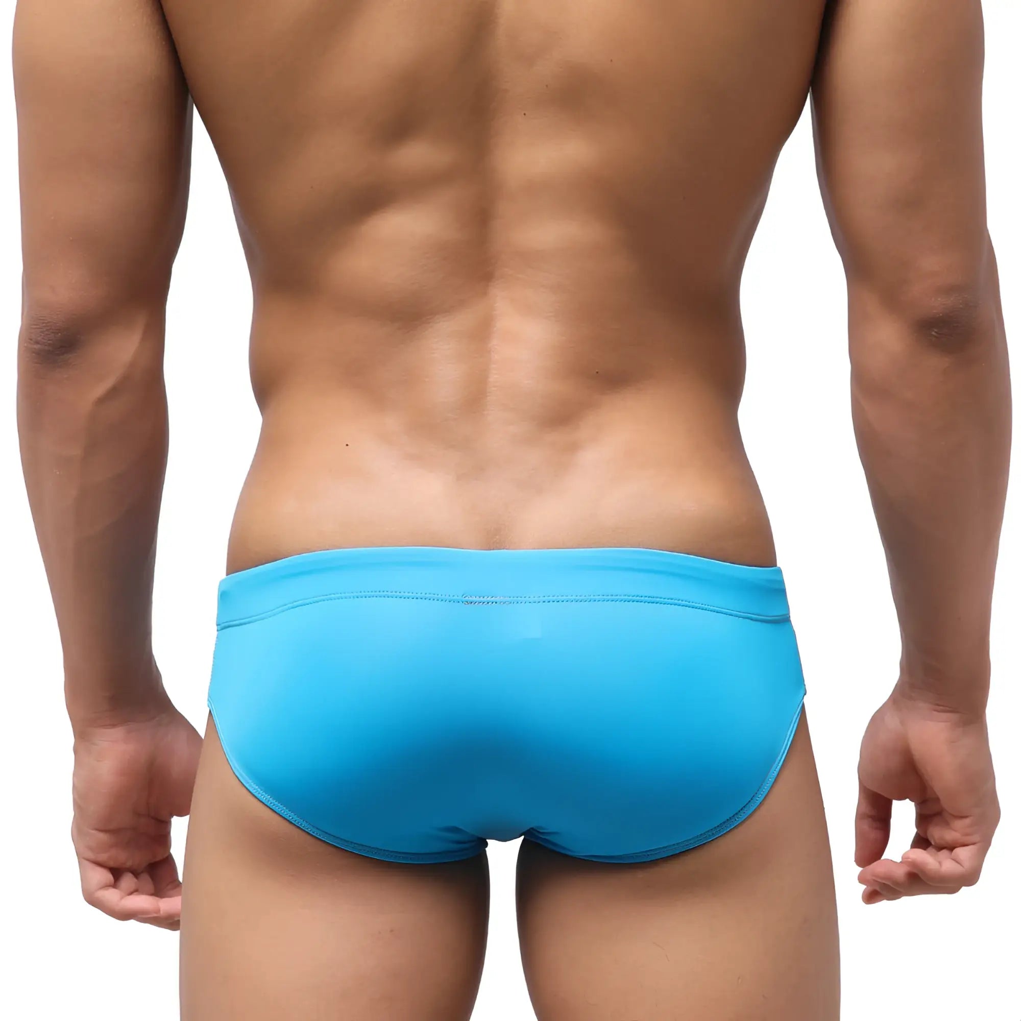 Bright blue form-fitting swim bikini trunks by MetroMaleWear Resorte with smooth fabric design