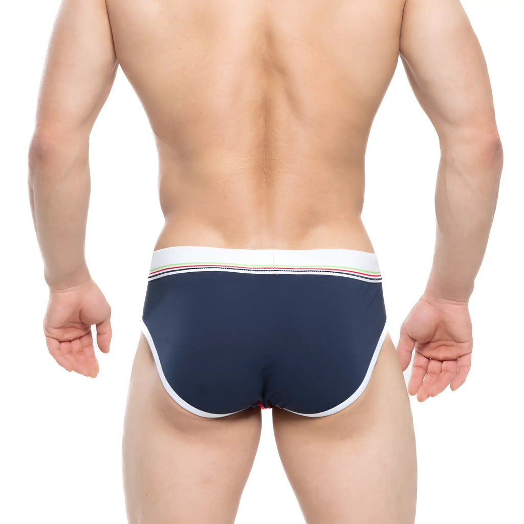 Navy blue MetroMaleWear Rudolf Brief 5203-29 with white trim and rainbow stripe waistband designed for comfort