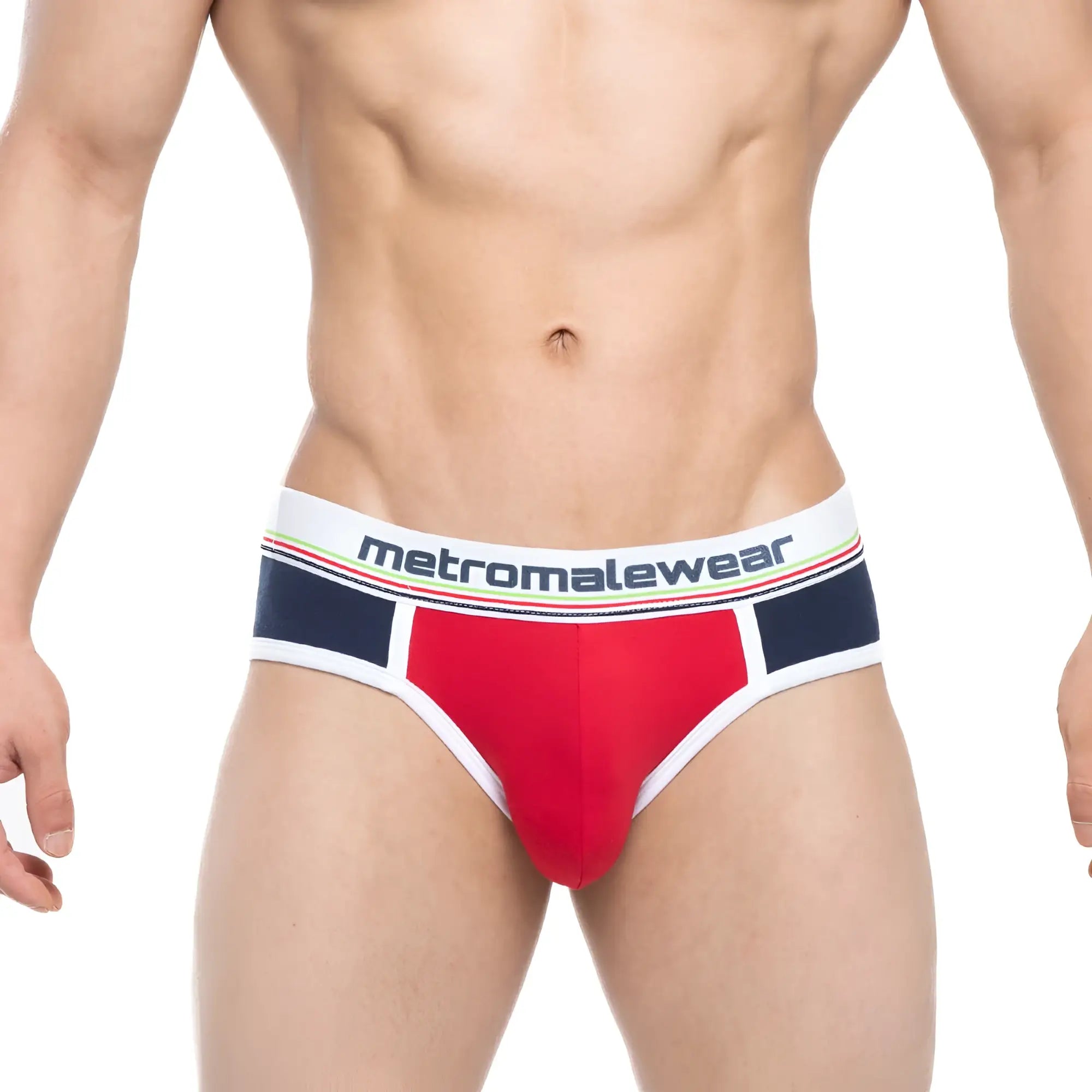 MetroMalewear Rudolf brief 5203-29 in red and navy blue with a white waistband featuring the metromalewear logo