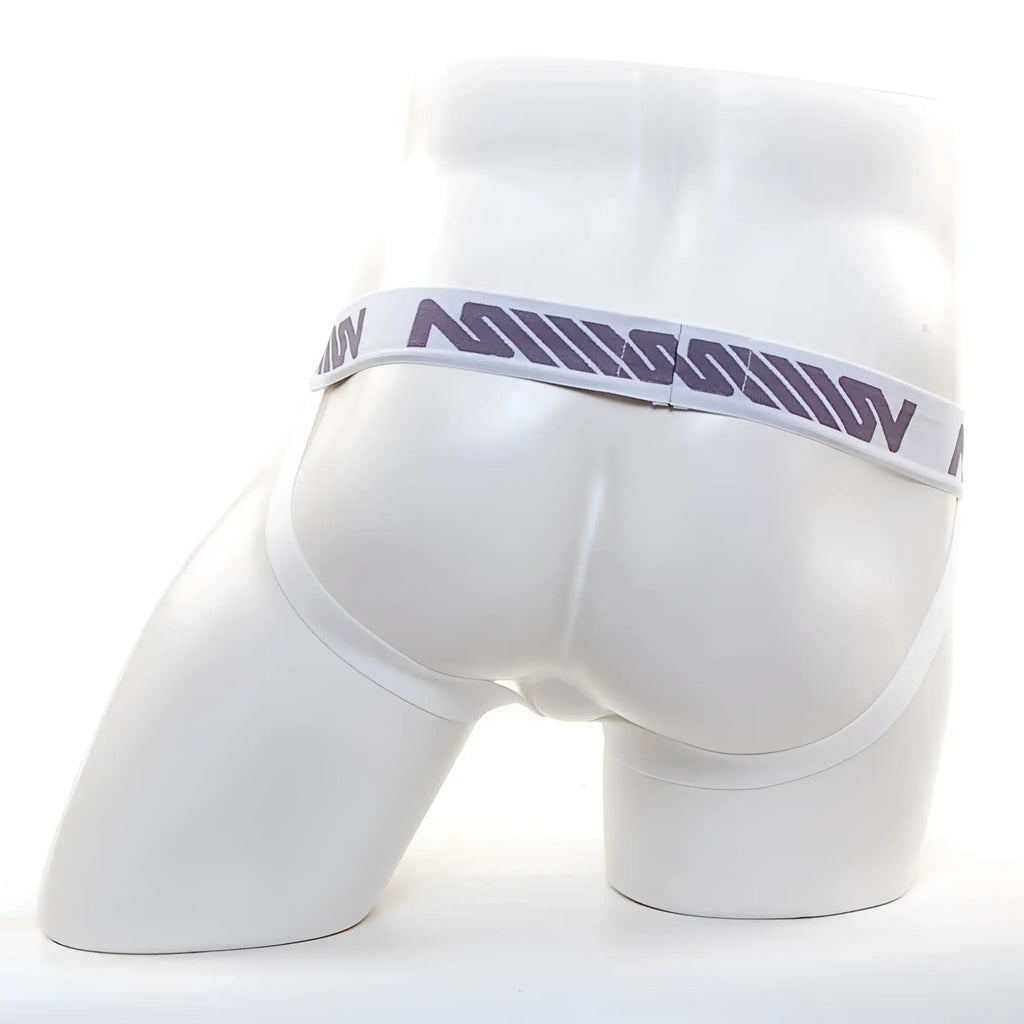 Metro male wear satin silk ivory jock strap with white athletic briefs and gray milk logo waistband visible