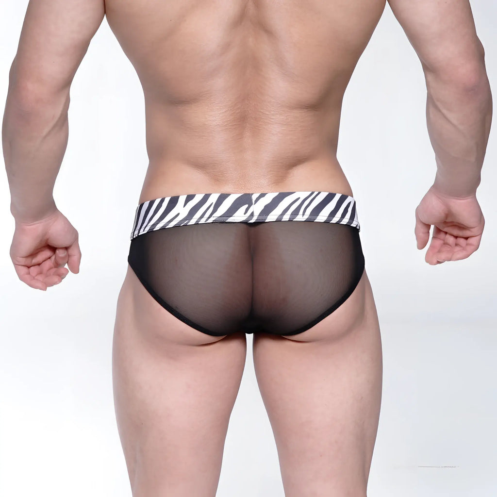 MetroMaleWear savage bikini black mesh briefs with bold black and white zebra-striped waistband front view