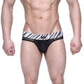 Black mesh metroMalewear savage bikini briefs with bold black and white zebra-striped waistband and small logo