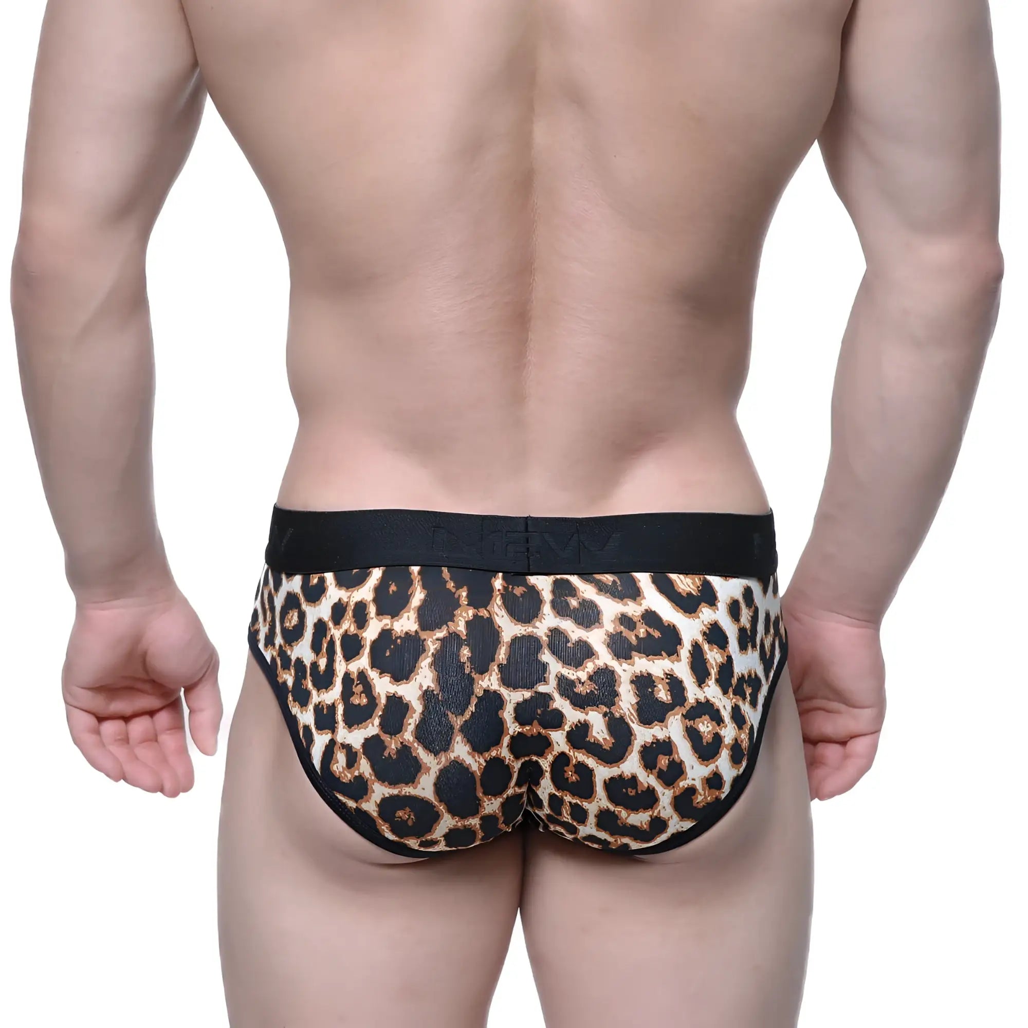 MetroMaleWear savage brief 6106-04 leopard-print briefs with black elastic waistband and trim front view