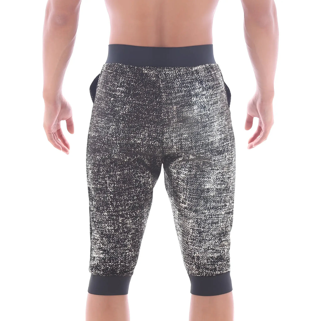Black and silver speckled textured capri pants with solid black waistband and cuffs from metromalewear scandinavia gym shorts collection