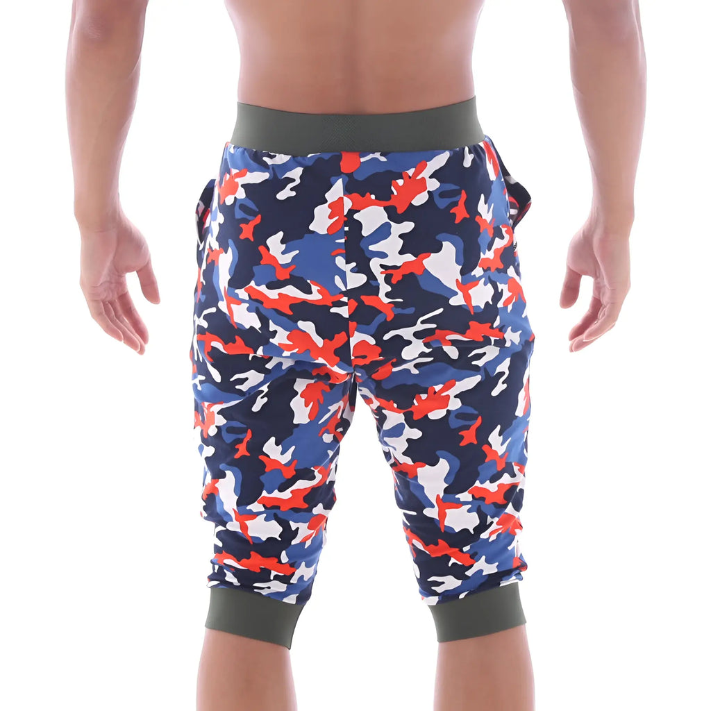 MetroMaleWear Scandinavia gym shorts camo navy with blue red and white camouflage pattern and olive green waistband and cuffs