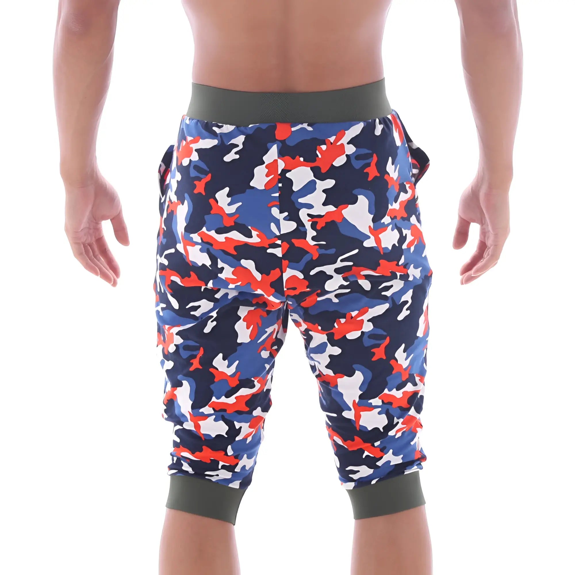 MetroMaleWear Scandinavia gym shorts camo navy with blue red and white camouflage pattern and olive green waistband and cuffs