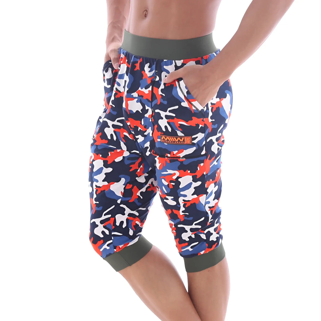 Men’s metro male wear scandinavia gym shorts camo navy with olive green waistband in navy red and white camouflage pattern
