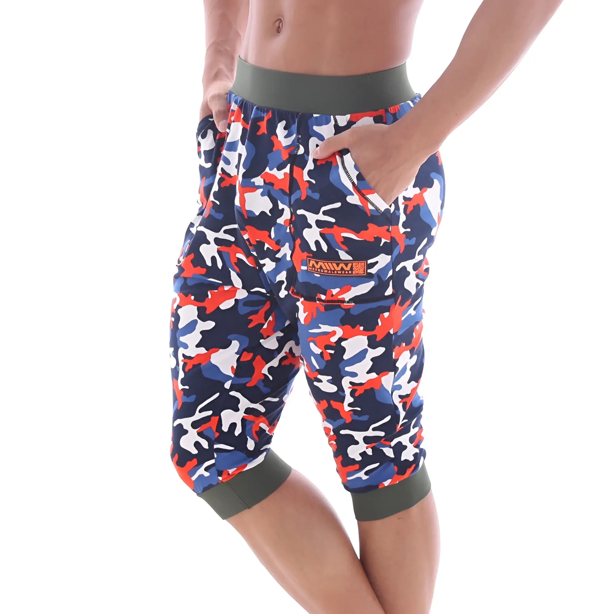 Men’s metro male wear scandinavia gym shorts camo navy with olive green waistband in navy red and white camouflage pattern