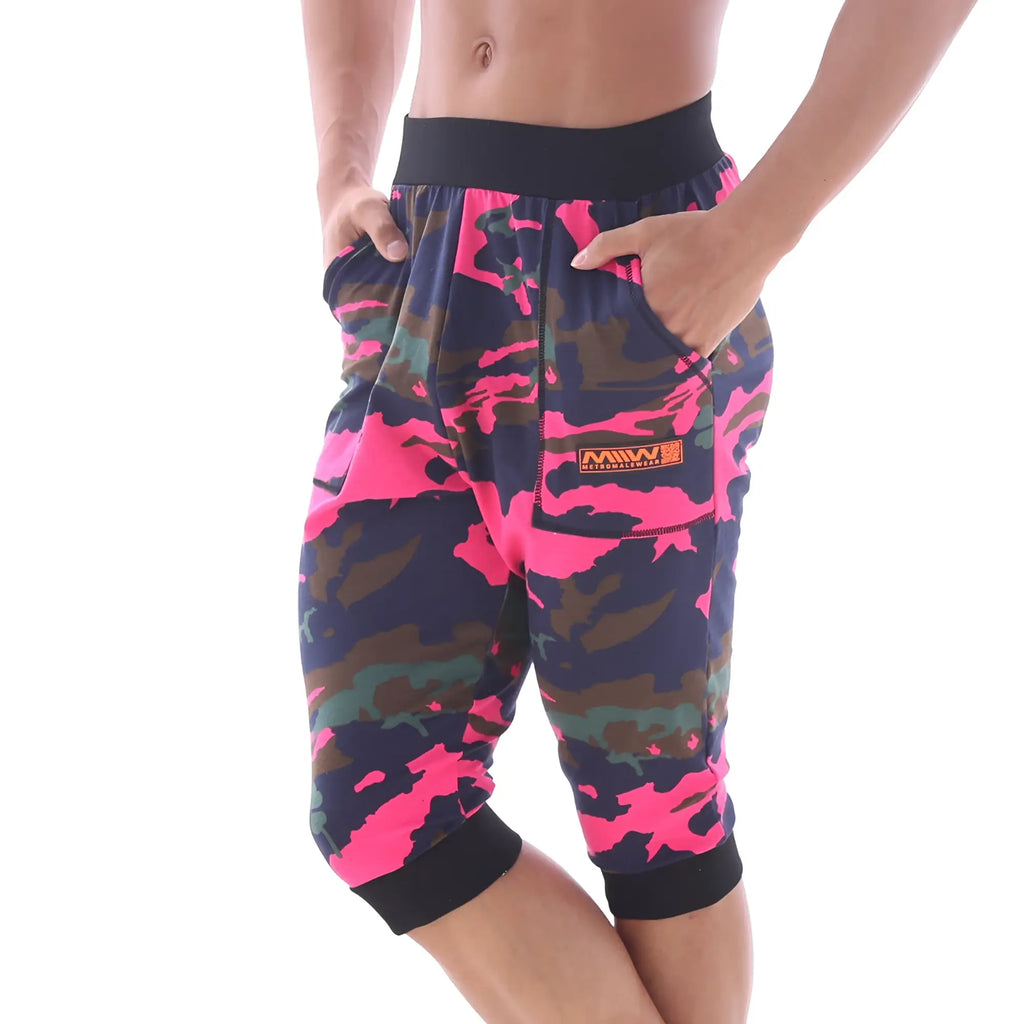 MetroMaleWear Scandinavia gym shorts camo pink capri pants with bright pink navy blue camouflage and black elastic cuffs