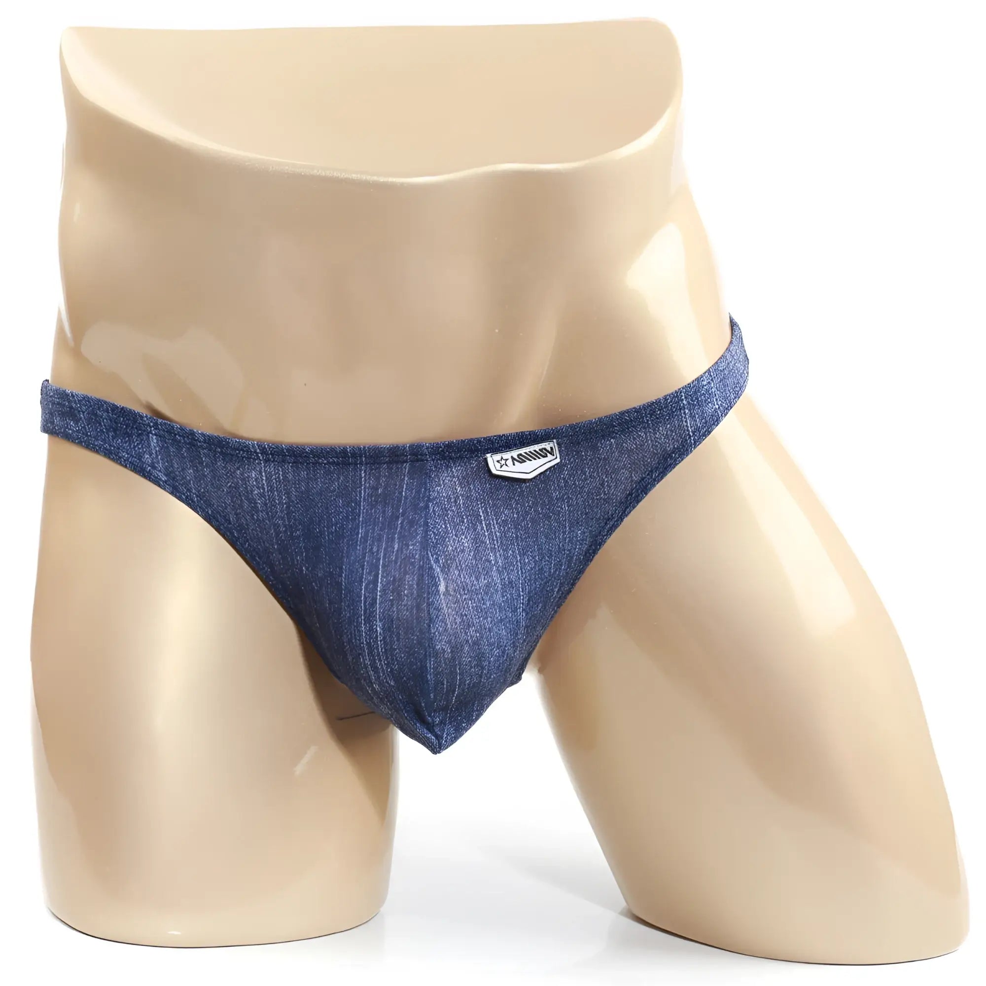 Blue denim thong with small white logo on waistband by metromalewear from seduction bikini series 2004-60