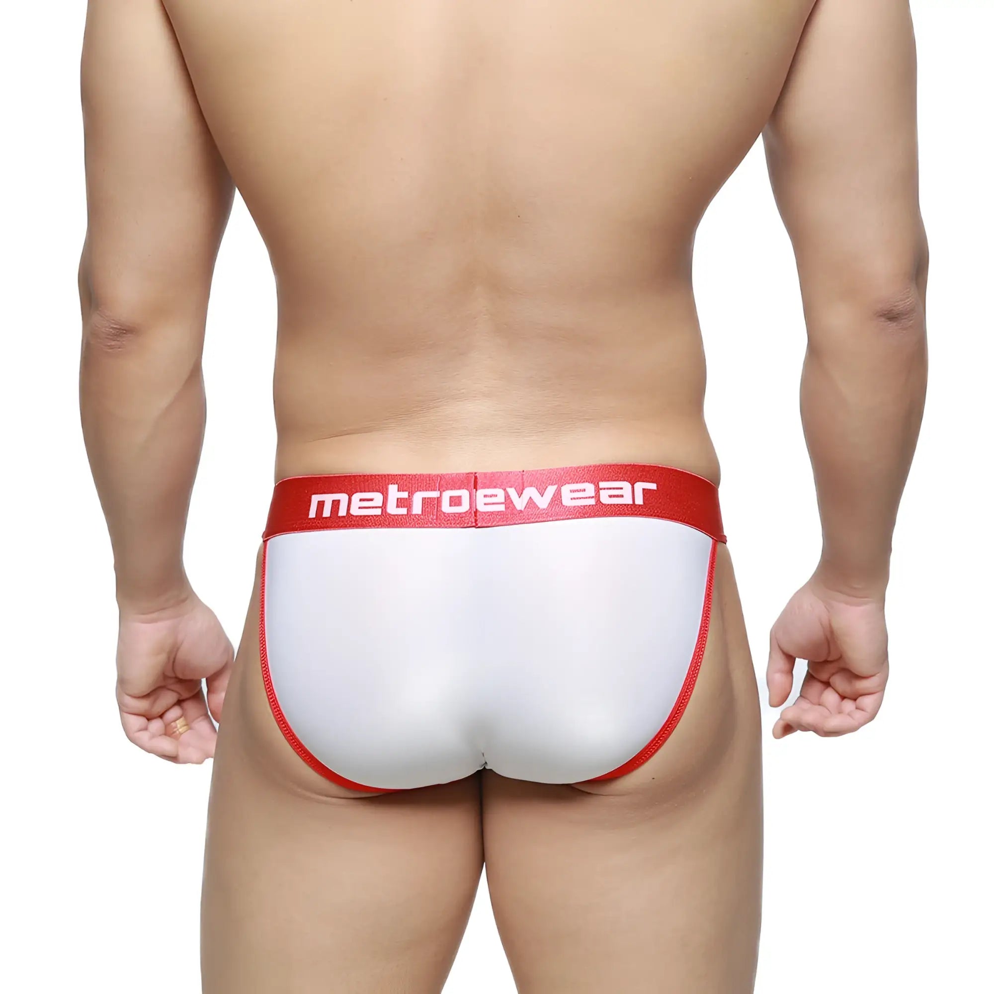 MetroMaleWear semi-sheer bikini briefs in white and red with a snug form-fitting design