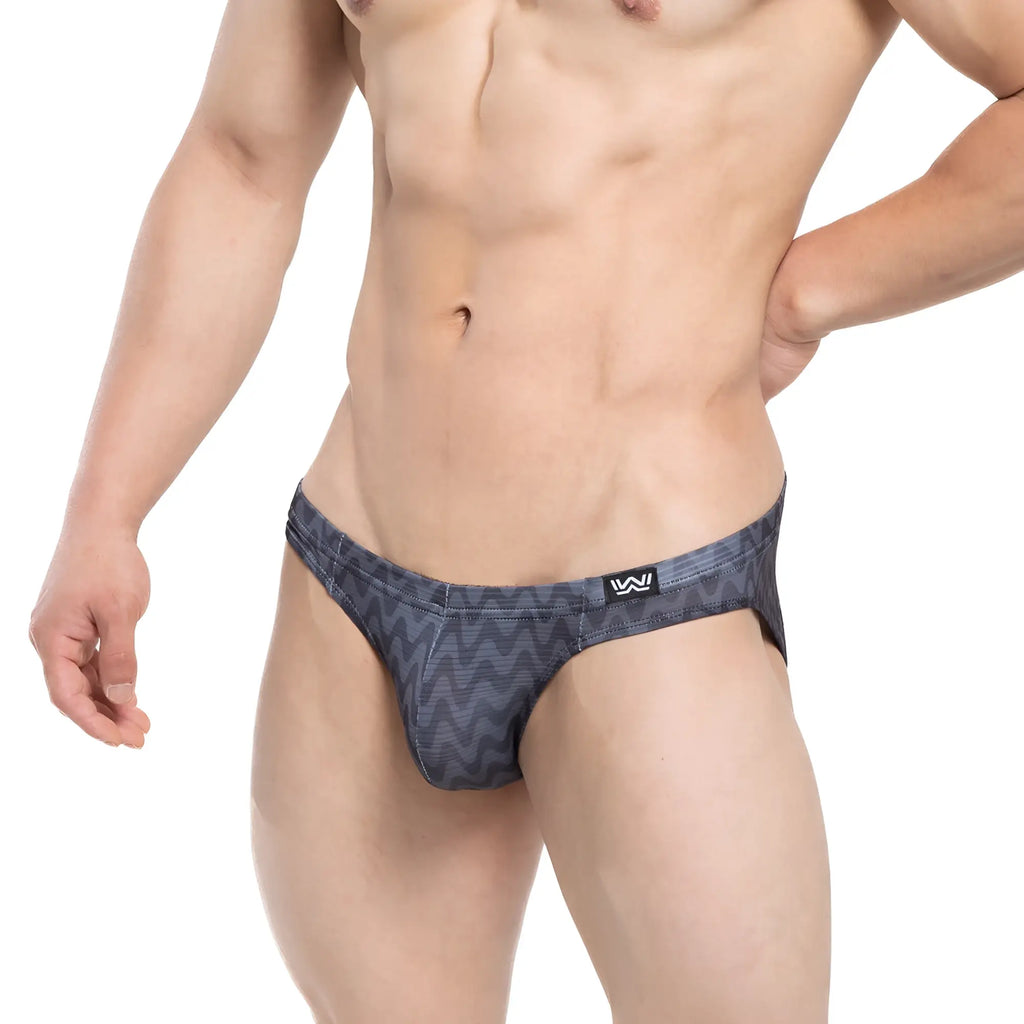 Dark gray patterned metroMalewear Senal bikini briefs with zigzag design and small black logo on waistband