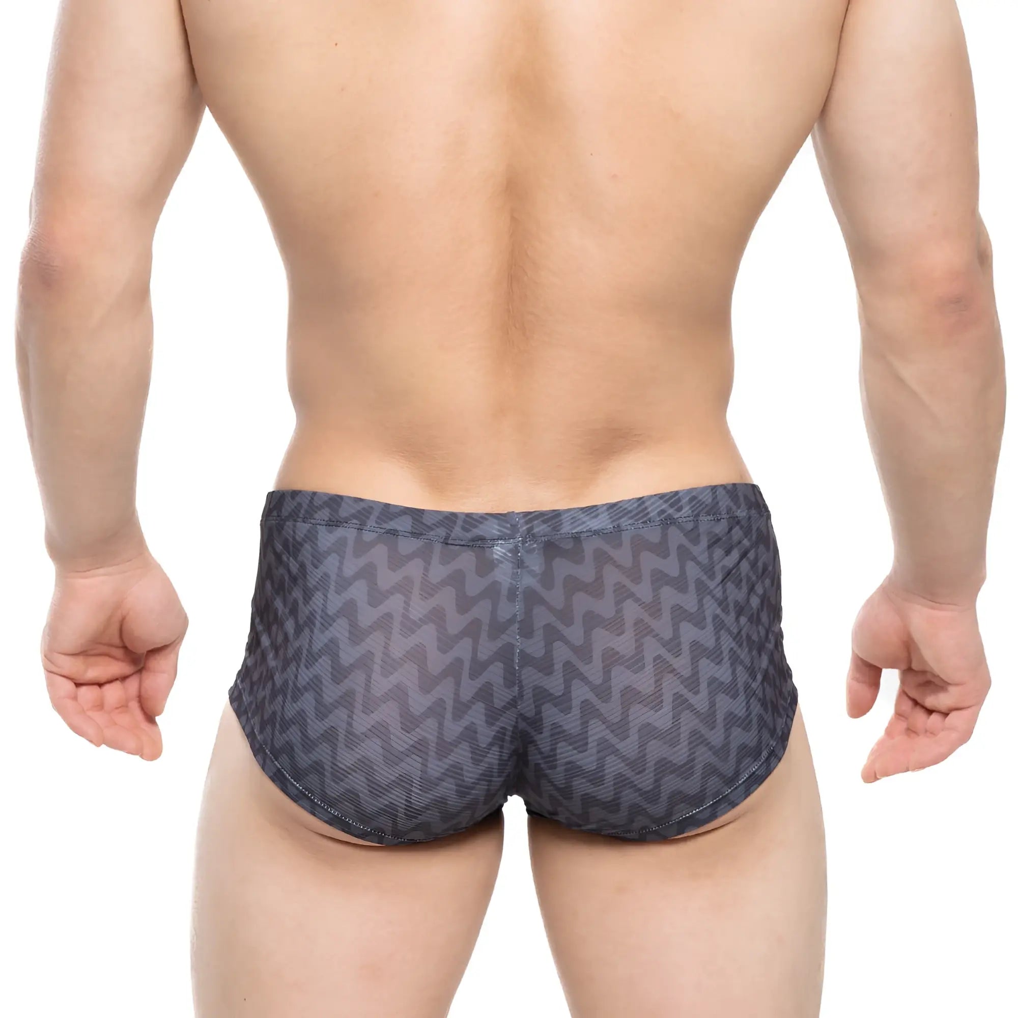 Dark gray MetroMaleWear Senal trunk swim trunks with bold zigzag pattern designed for men’s beachwear