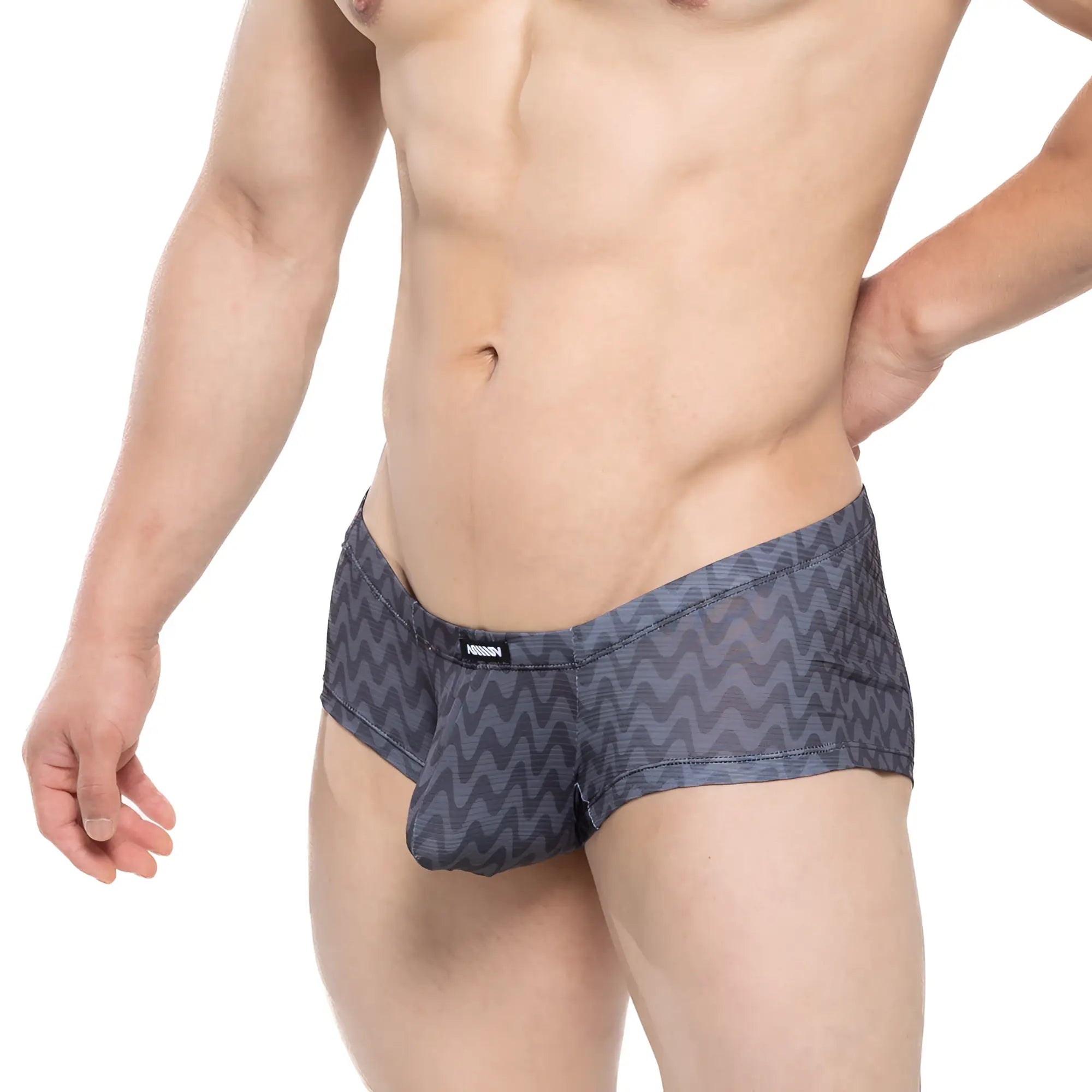 Gray zigzag-patterned men’s briefs with elastic waistband and snug fit from metromalewear senal trunk 2125-72