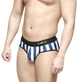 Blue and white striped MetroMaleWear Sencillo brief with black waistband and yellow lettering in lightweight fabric