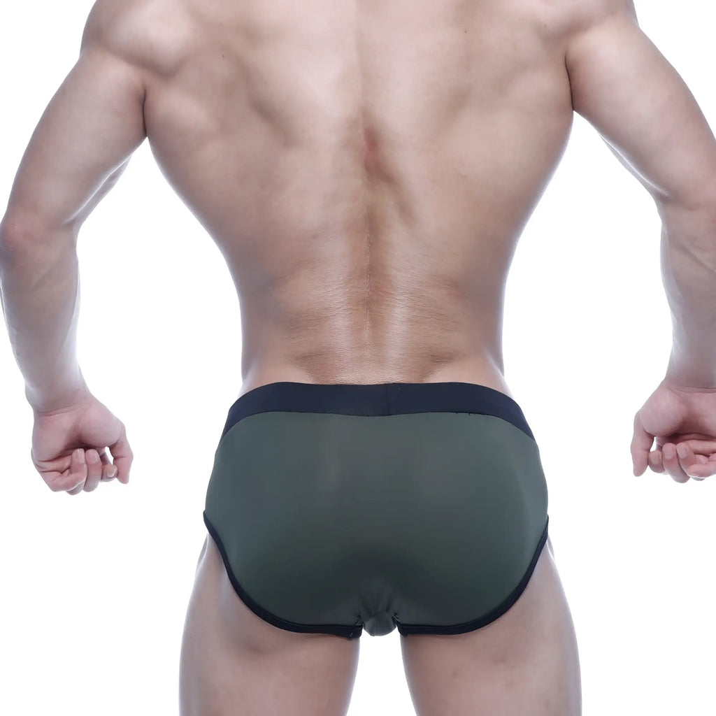 Olive green mesh briefs with black elastic waistband and trim from metromalewear sencillo brief green 5203-26