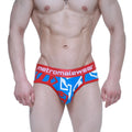 MetroMaleWear Sencillo brief in blue and red with bold geometric design and metromalewear white waistband lettering