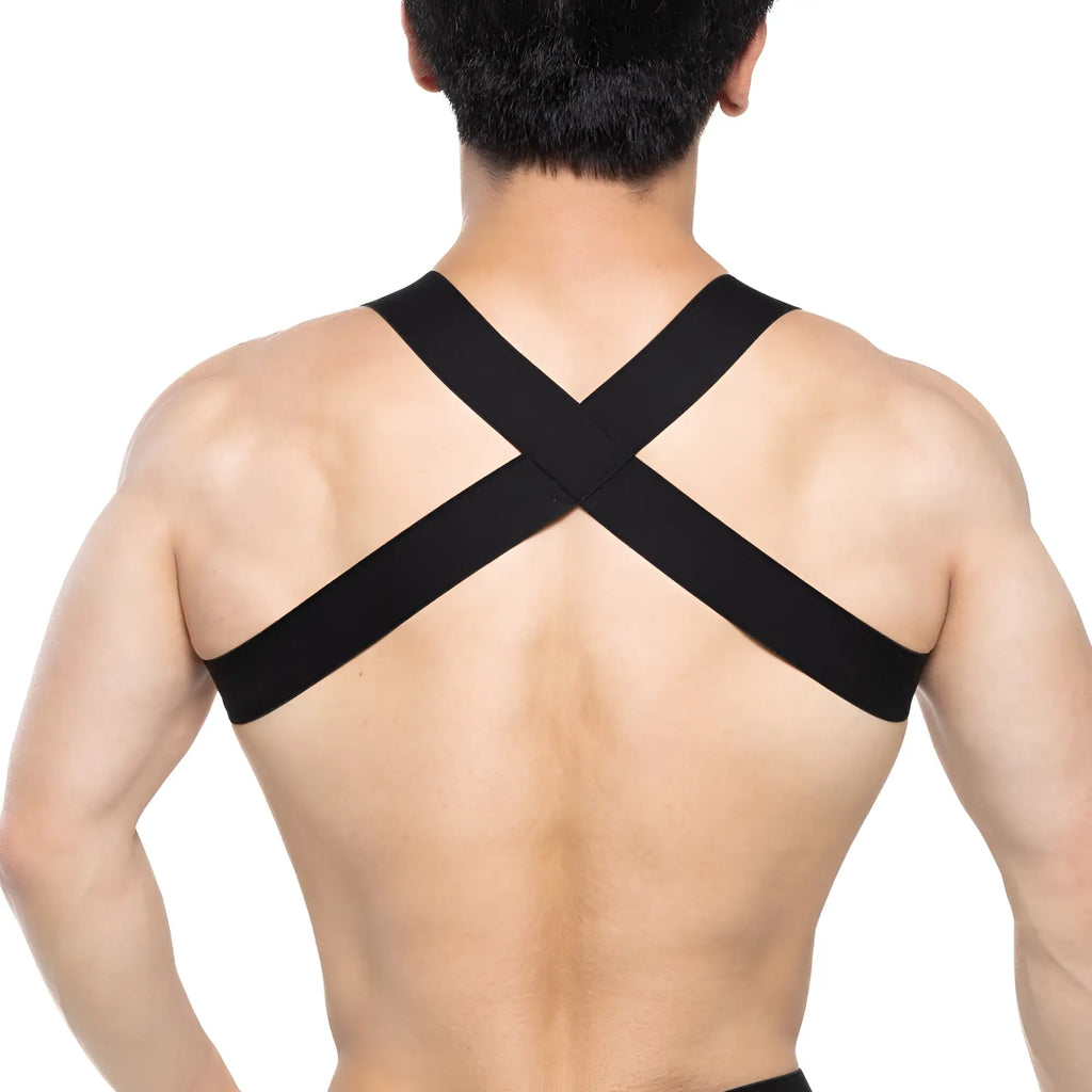 Black elastic cross-back support strap shown on the back of metromalewear sergant harness 1400-61
