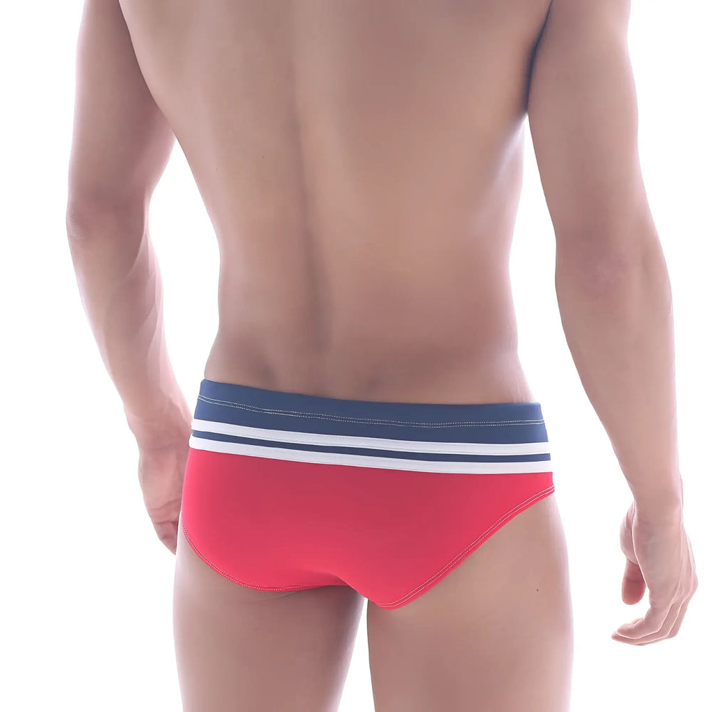 MetroMaleWear sergeant swim brief red with navy blue waistband and white stripes for men’s swimwear