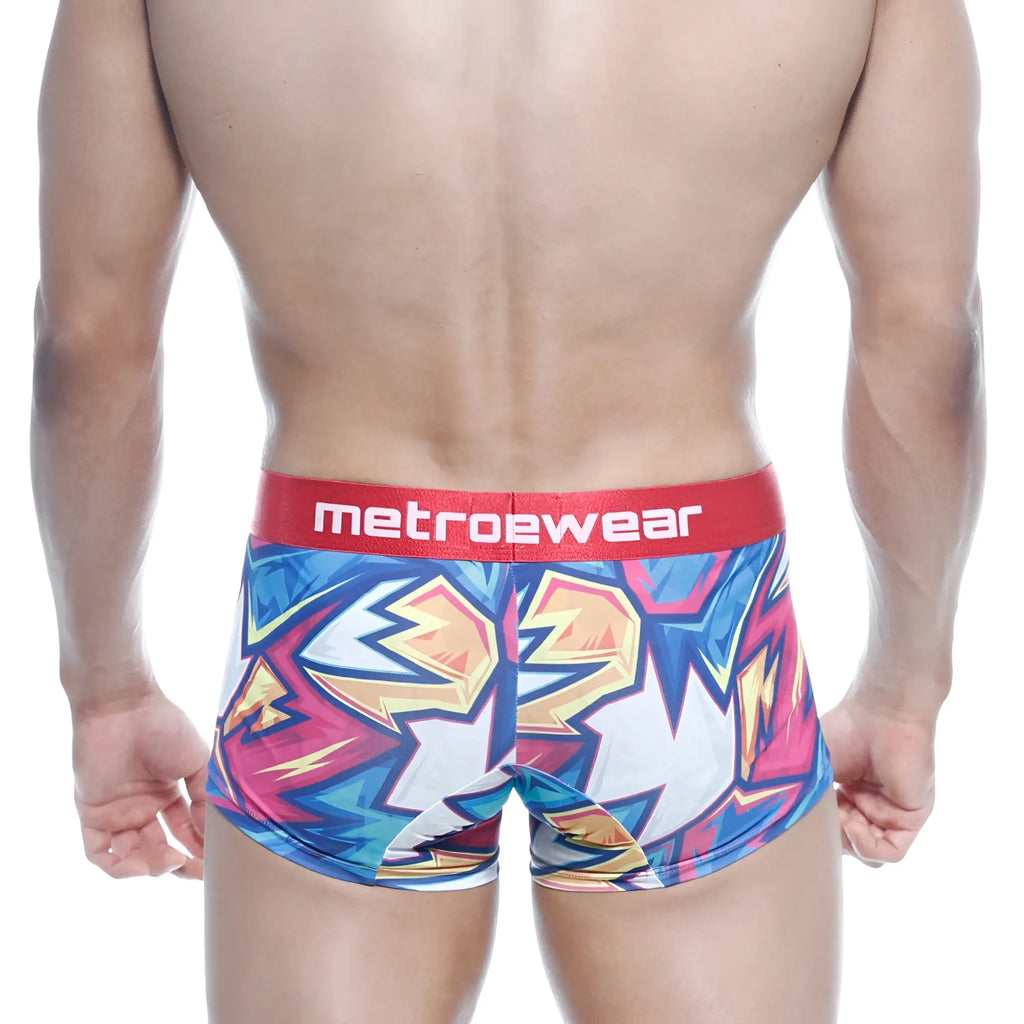 Vibrant graffiti-style metroewear short boxer atractivo 7 inch in bold blue pink and yellow with red waistband