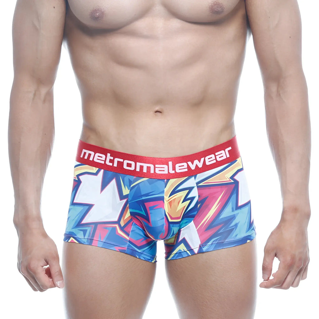 MetroMaleWear short boxer atractivo 7 2022-66 vibrant blue pink white graffiti print boxer briefs with red waistband