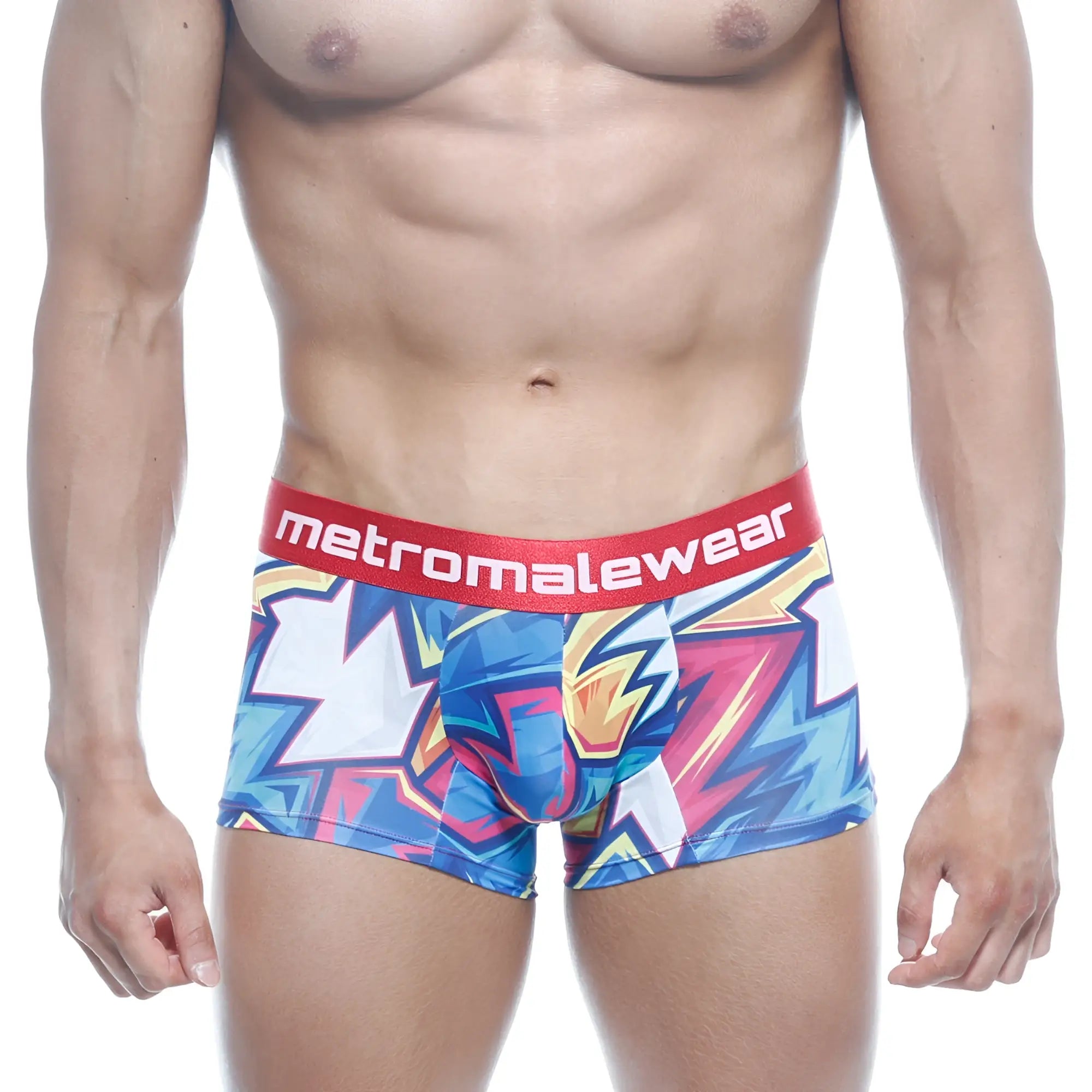MetroMaleWear short boxer atractivo 7 2022-66 vibrant blue pink white graffiti print boxer briefs with red waistband