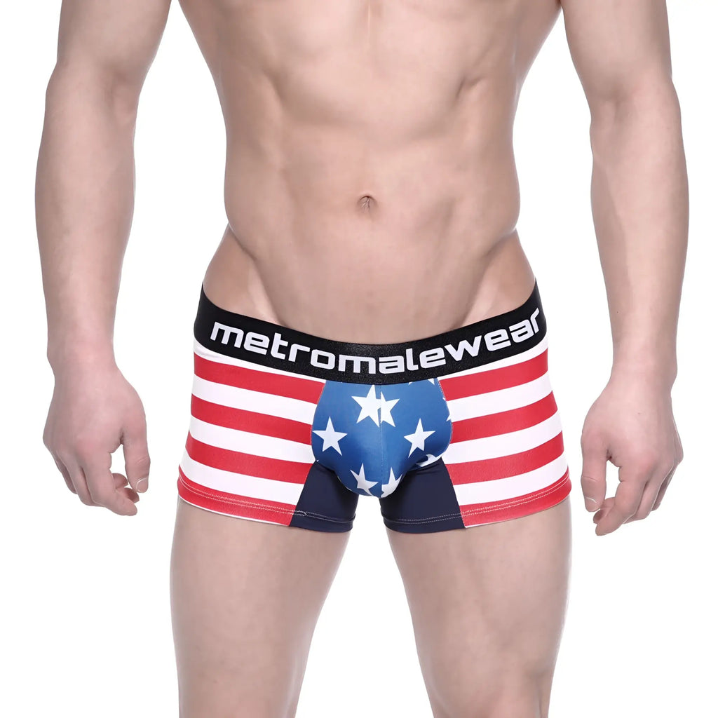 MetroMalewear short boxer Avengers 7 red white and blue american flag themed men’s boxer briefs with black waistband