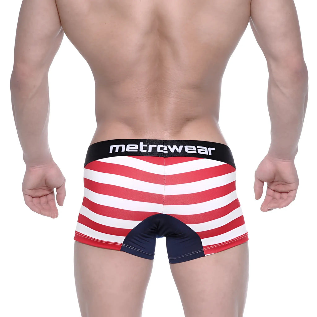 MetroMaleWear short boxer Avengers 7 2022-93 with red and white stripes, black waistband, and navy blue crotch accent