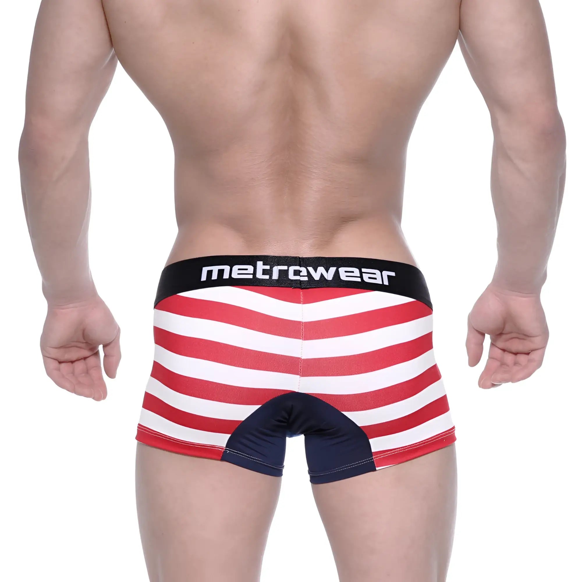 MetroMaleWear short boxer Avengers 7 2022-93 with red and white stripes, black waistband, and navy blue crotch accent