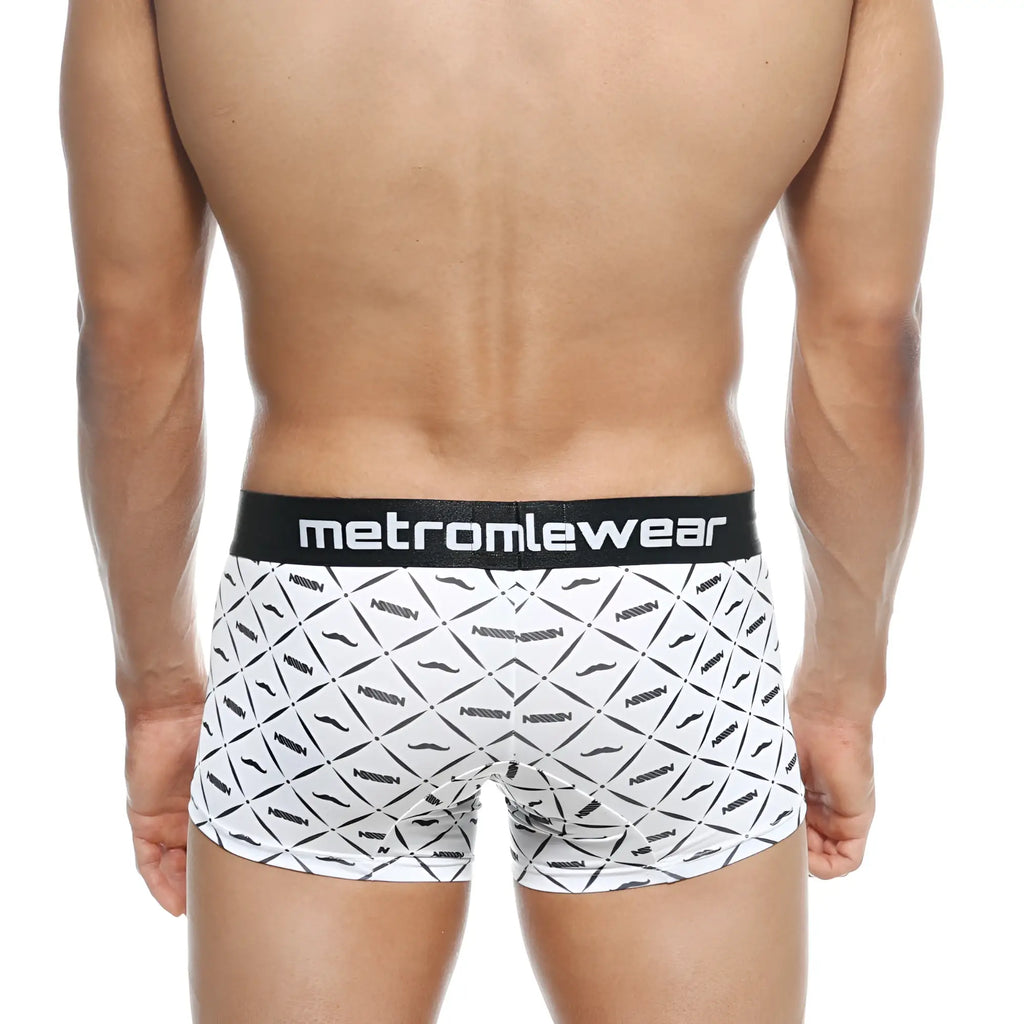 White boxer briefs with black mustache pattern and metromalewear waistband from metro male wear short boxer caballero 7 2022 03