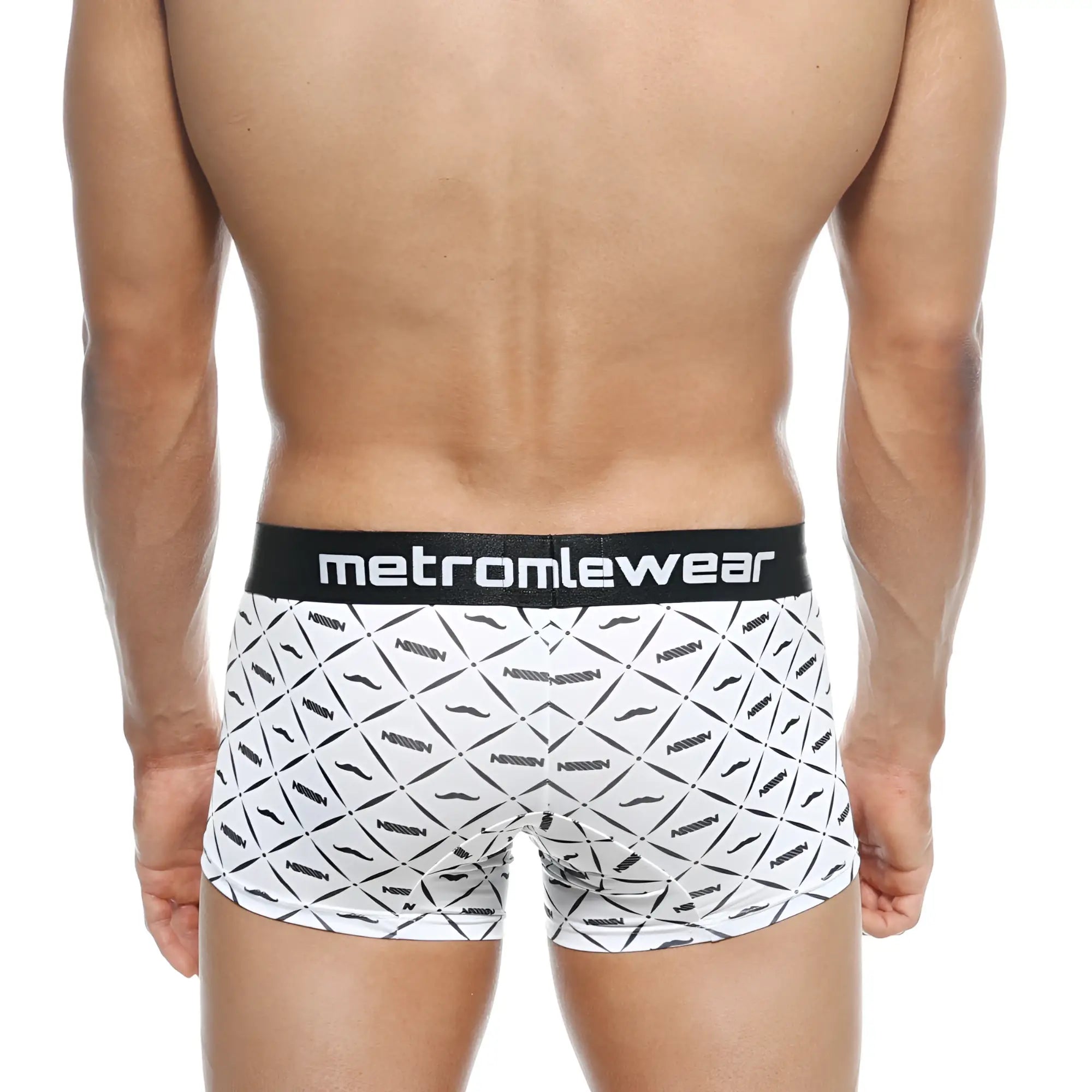 White boxer briefs with black mustache pattern and metromalewear waistband from metro male wear short boxer caballero 7 2022 03
