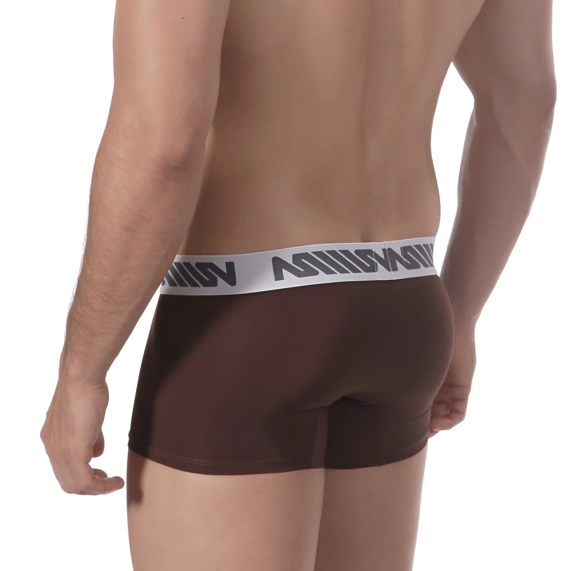 Brown metro malewear short boxer briefs with 7 inch length and white asos branded waistband for comfortable wear