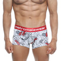 White boxer briefs with bold red and black floral pattern and solid red metromalewear waistband metroMaleWear short boxer Escobar 7인치 2022-09