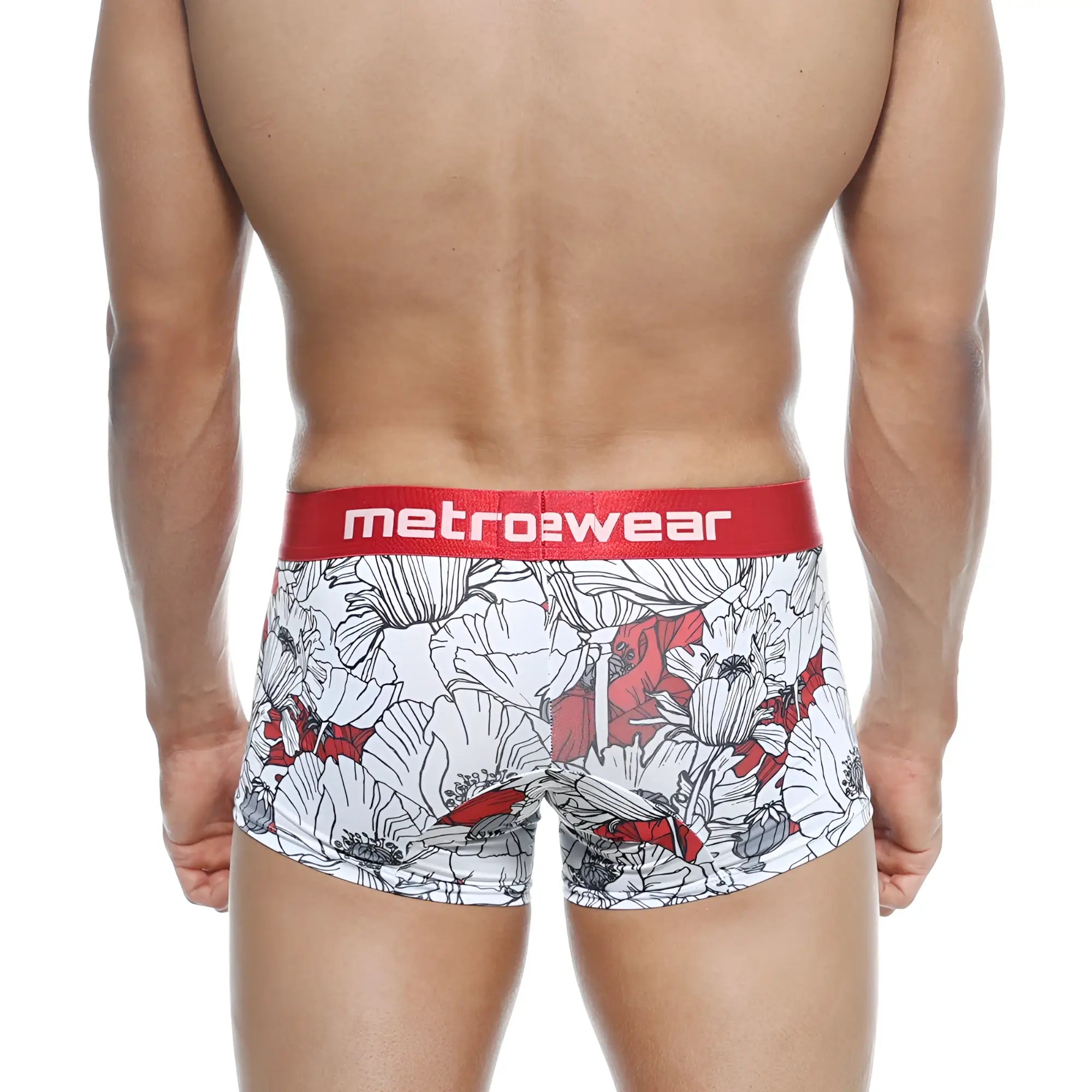 Metro male wear short boxer escobar 7인치 2022-09 white and red floral boxer briefs with red metrowear waistband
