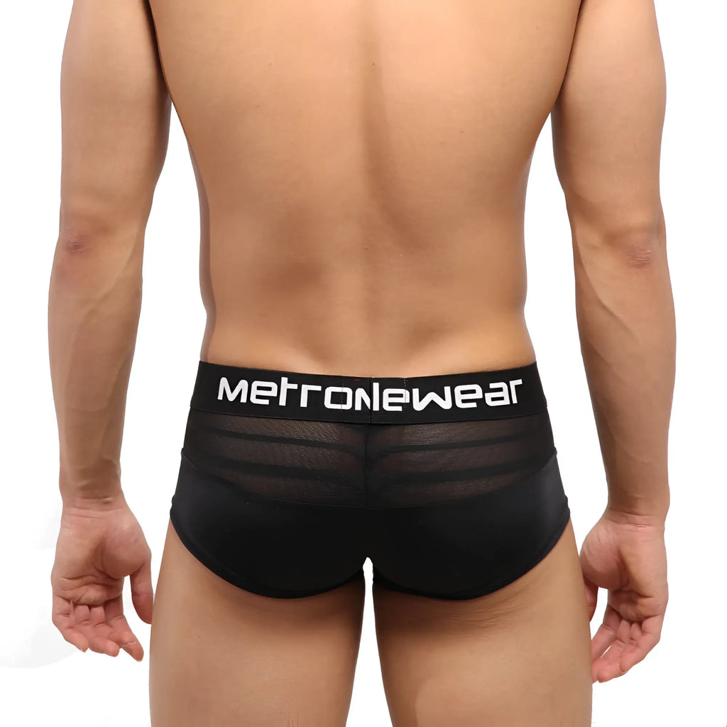 Black mesh briefs with a solid black waistband featuring the white metronewear logo metro malewear short boxer mesh black 2026-50