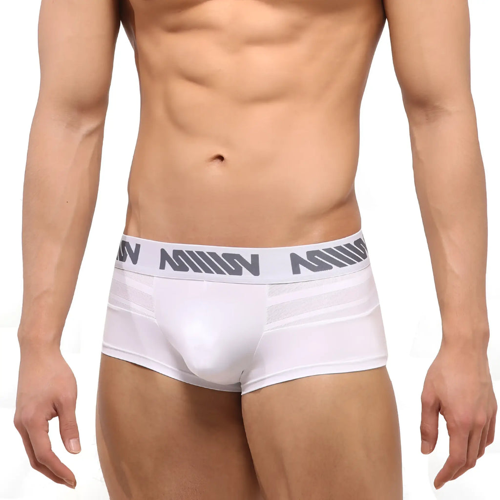 White metro malewear short boxer mesh briefs with gray logo waistband band for breathable comfort