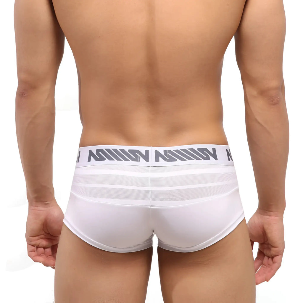 White mens briefs metro malewear short boxer mesh with gray logo band and breathable mesh detailing front view