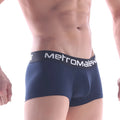 Navy blue men’s MetroMaleWear short boxer briefs with black elastic waistband and white branding 7-inch inseam