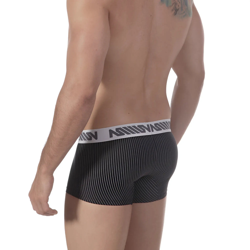 Black pinstripe boxer briefs with white waistband and bold MetroMaleWear logo in elastic for comfortable everyday use