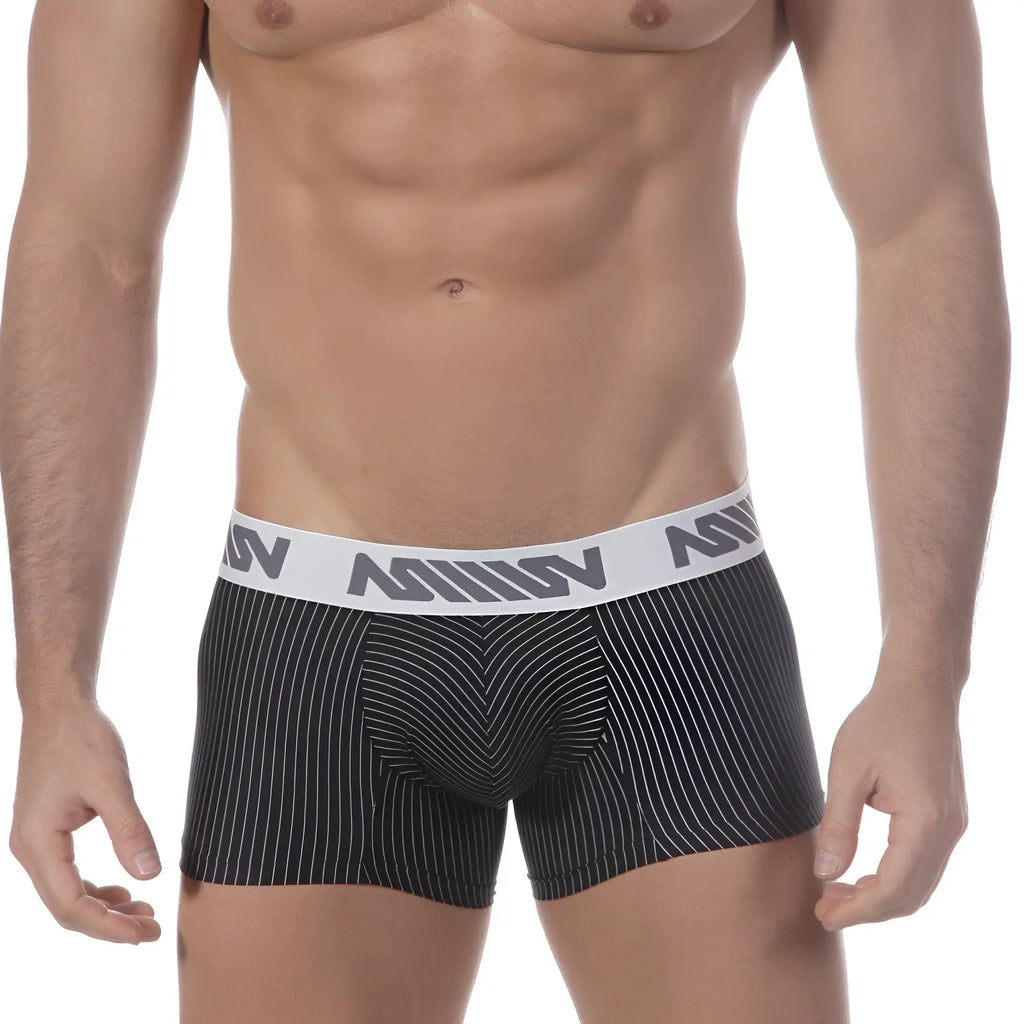 MetroMaleWear short boxer Supremo 7 inch black and white pinstripe boxer briefs with branded elastic waistband