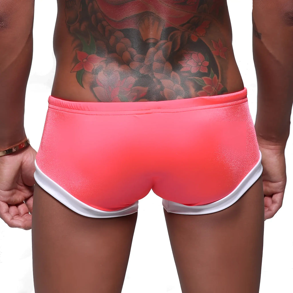 MetroMaleWear silver swim boxer in neon pink with bright pink fabric and white trim for stylish beachwear
