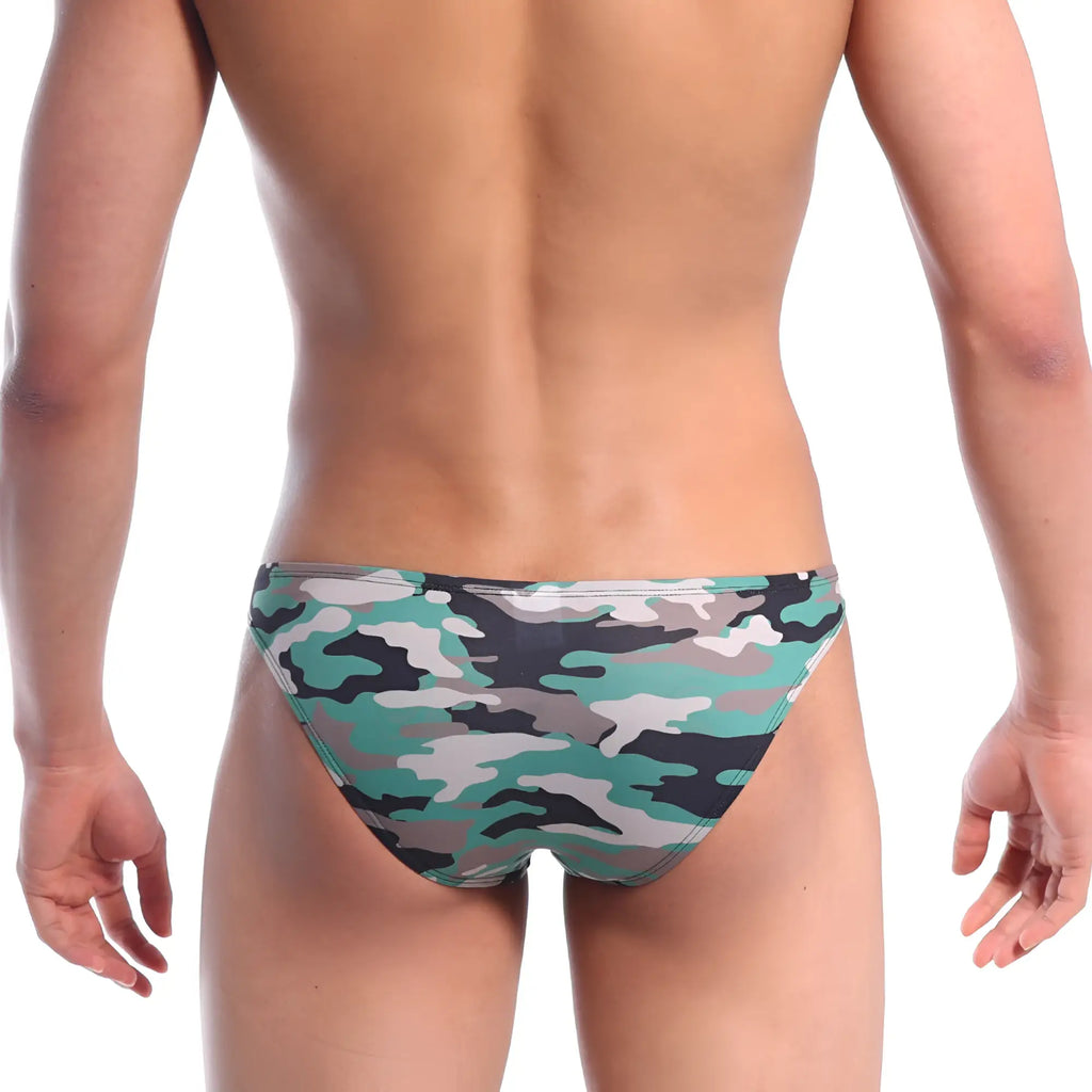 Metro male wear slim hip bikini swim trunks in green gray and black camouflage pattern for men