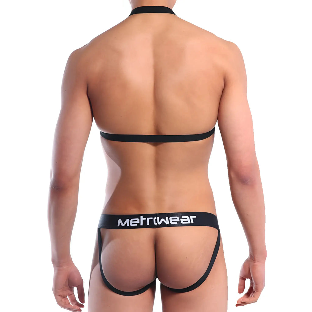 Black metriwear sling jock strap briefs with thin waistband and leg straps designed for comfortable support