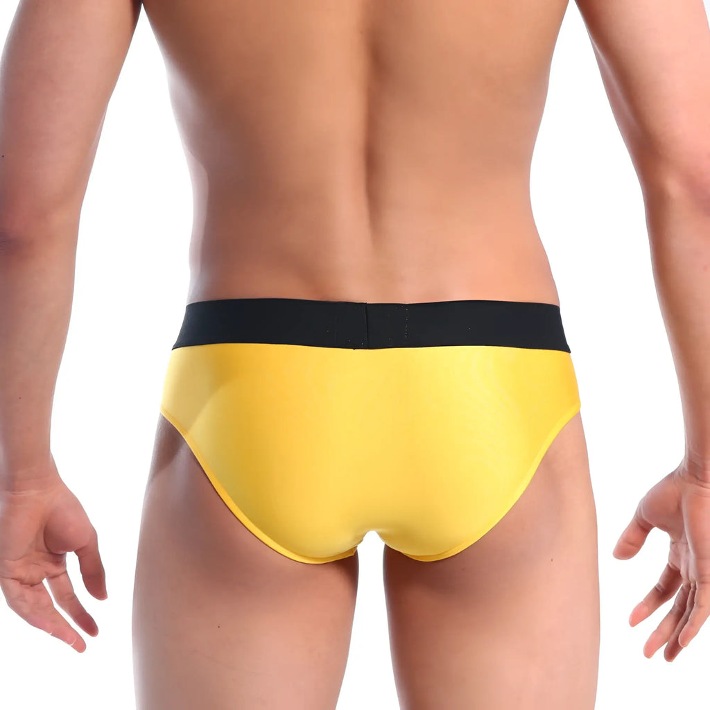 Bright yellow briefs with black elastic waistband from MetroMaleWear snap brief mango 2222-15 for comfortable wear
