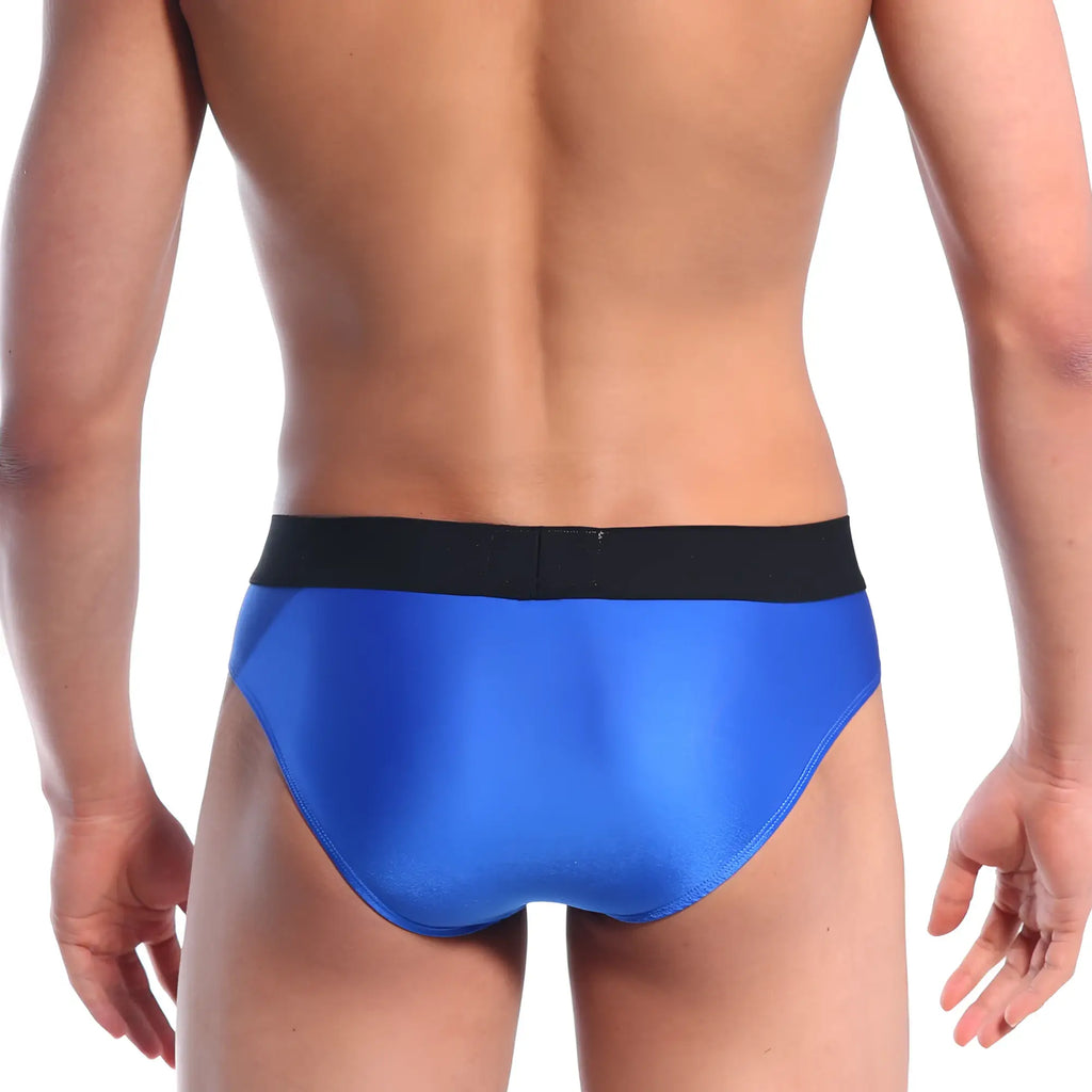 Bright blue satin briefs with black elastic waistband from MetroMaleWear snap brief royal 2222-18 collection