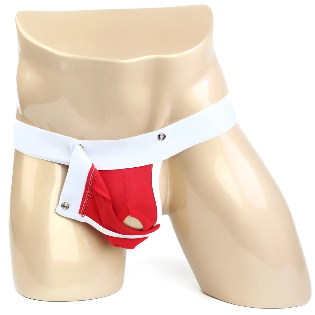 Red and white MetroMaleWear SNAP G athletic briefs with buttoned flap designed for active wear and comfort