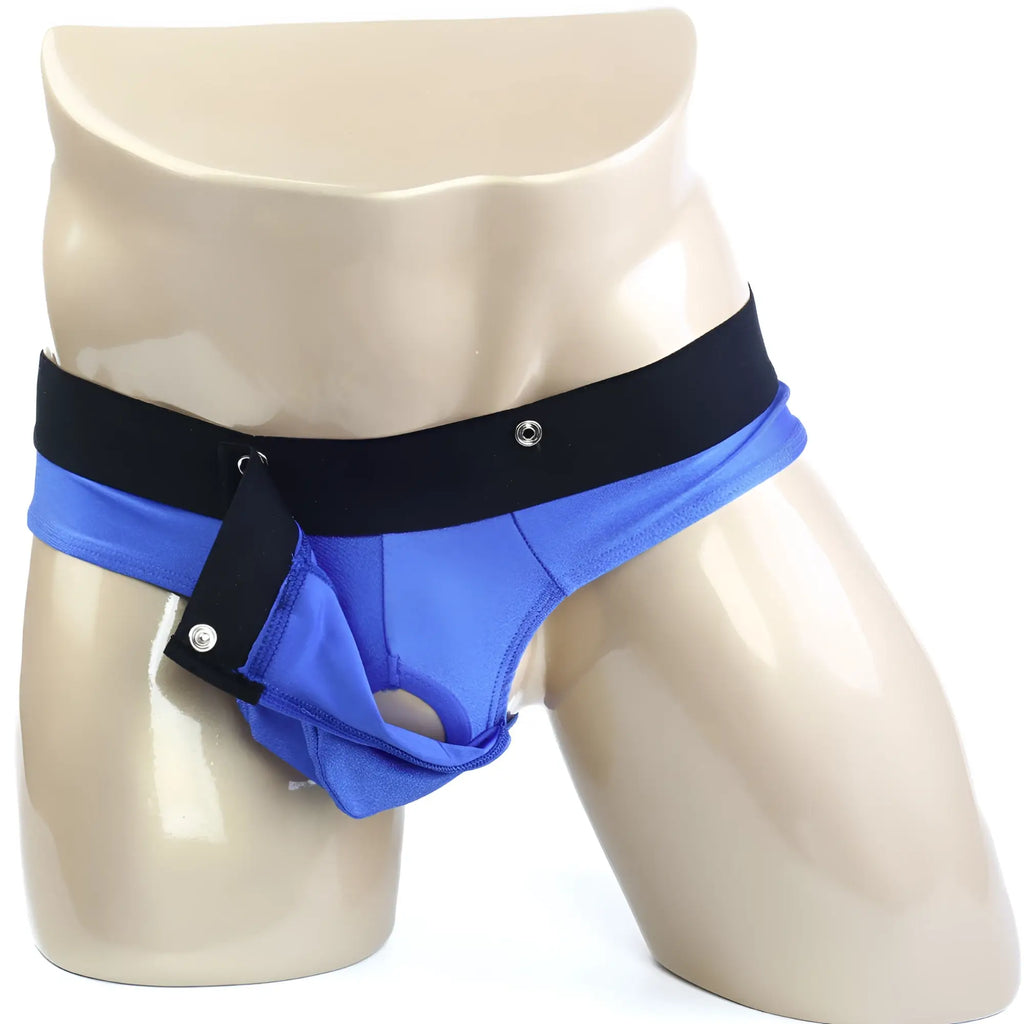 Blue athletic briefs with black waistband and snap closures from metromalewear snap thong royal 2212-18