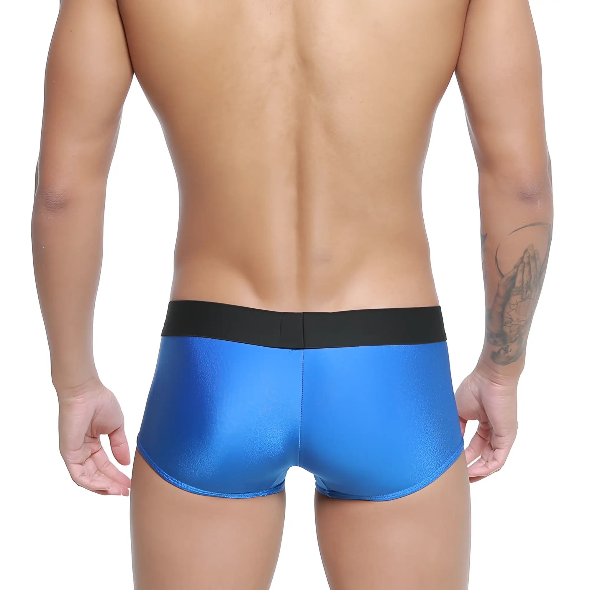 Blue metallic MetroMaleWear Snap Trunk briefs with a black elastic waistband in royal color and sleek material
