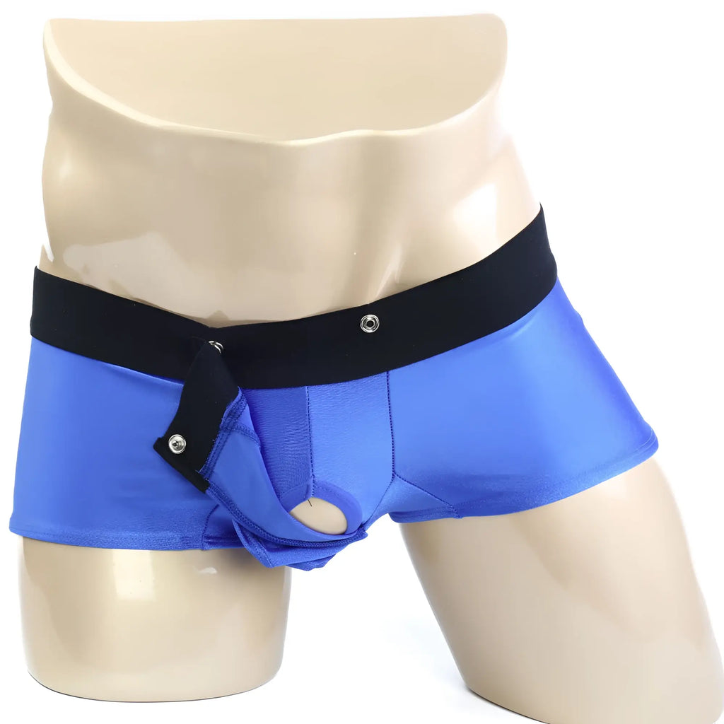 MetroMalewear snap trunk royal 2223-18 blue satin briefs with black elastic waistband and snap closures