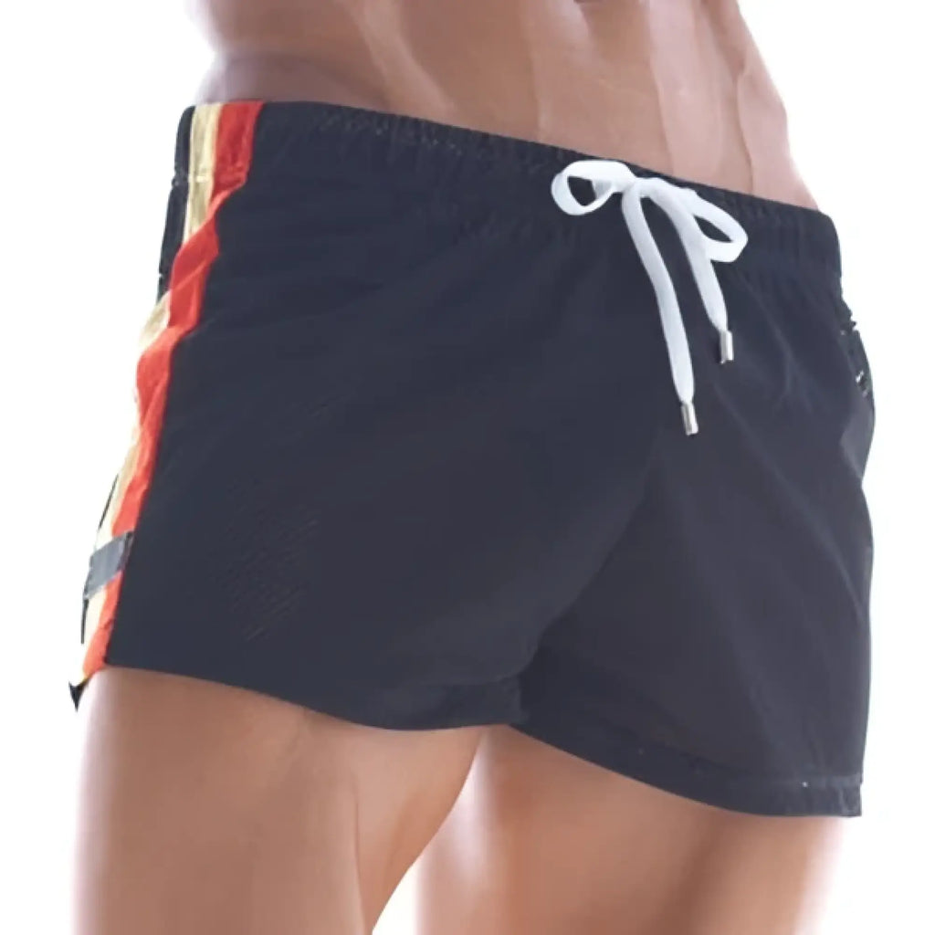 MetroMaleWear soccer swim short black 4704-20 black mesh with white drawstring and orange side stripe